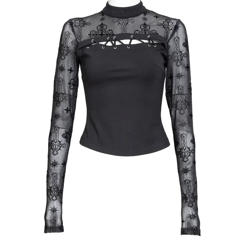 Women's Punk Cutout Flocking Mesh Shirt - Image 6