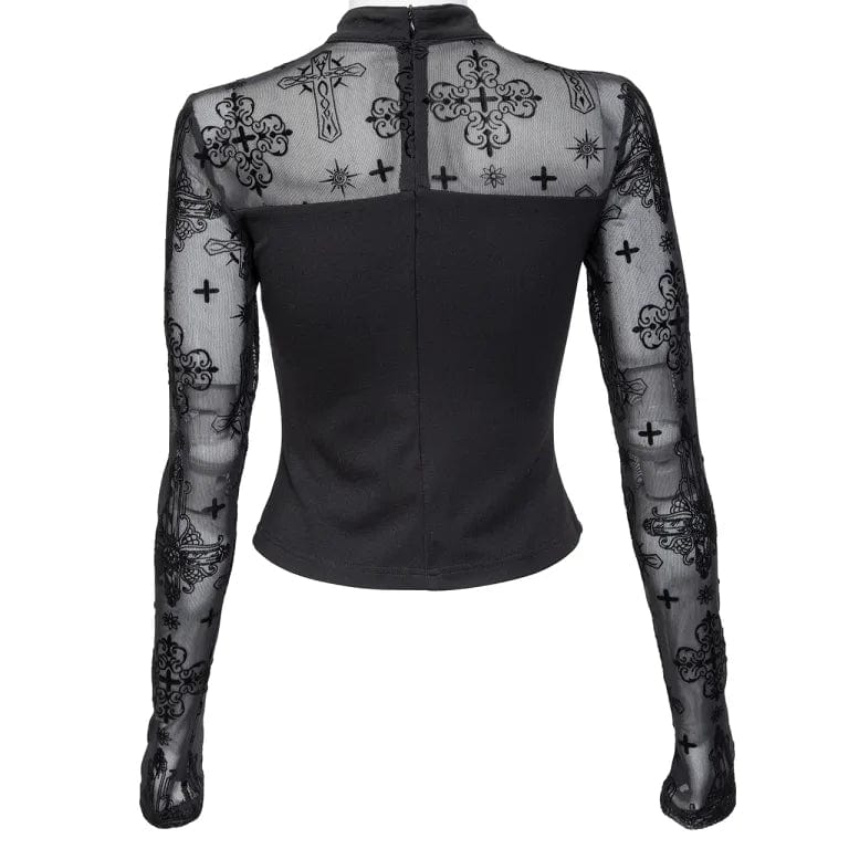 Women's Punk Cutout Flocking Mesh Shirt - Image 7
