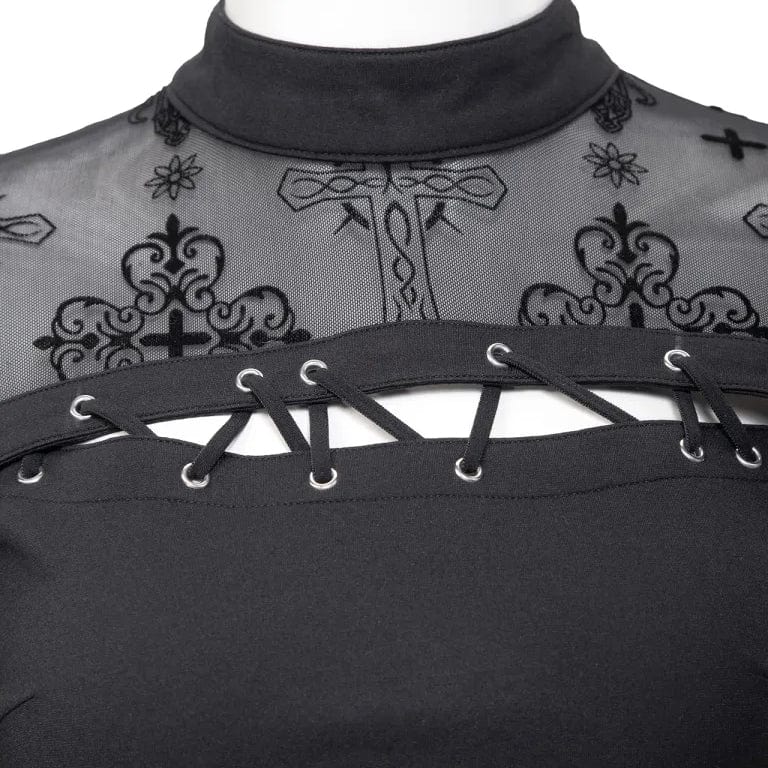 Women's Punk Cutout Flocking Mesh Shirt - Image 8
