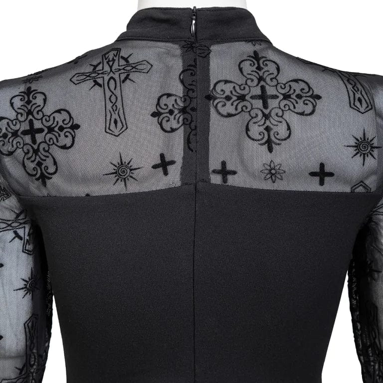 Women's Punk Cutout Flocking Mesh Shirt - Image 9