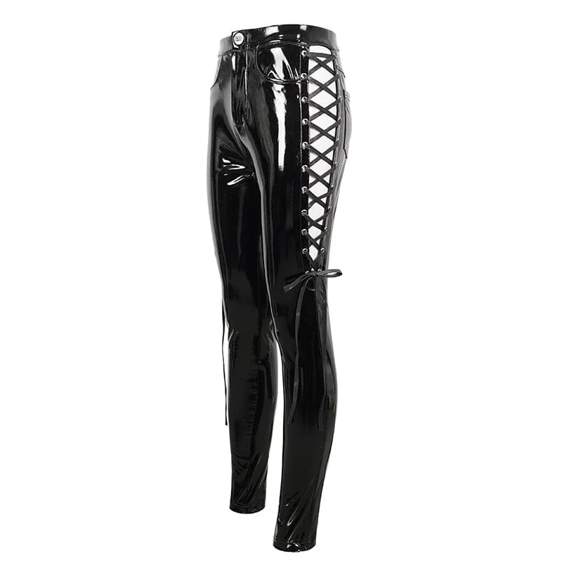 Women's Punk Cutout Lace-up Patent Leather Pants - Image 8