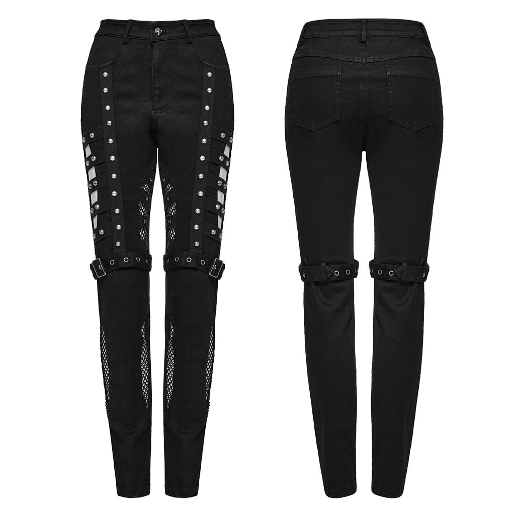 Women's Punk Cutout Mesh Eyelet Jeans - Image 5