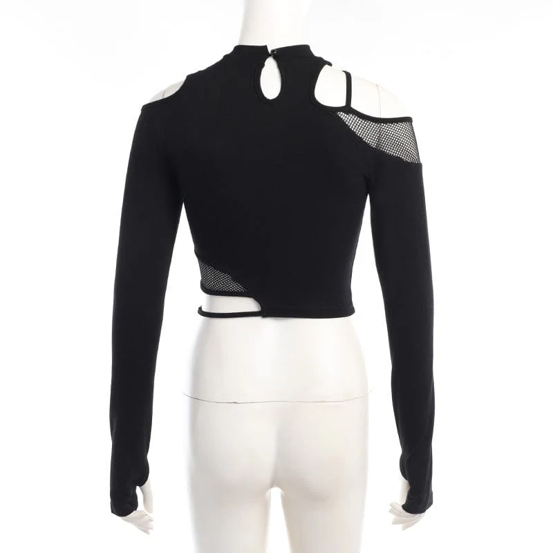 Women's Punk Cutout Mesh Splice Crop Top - Image 7