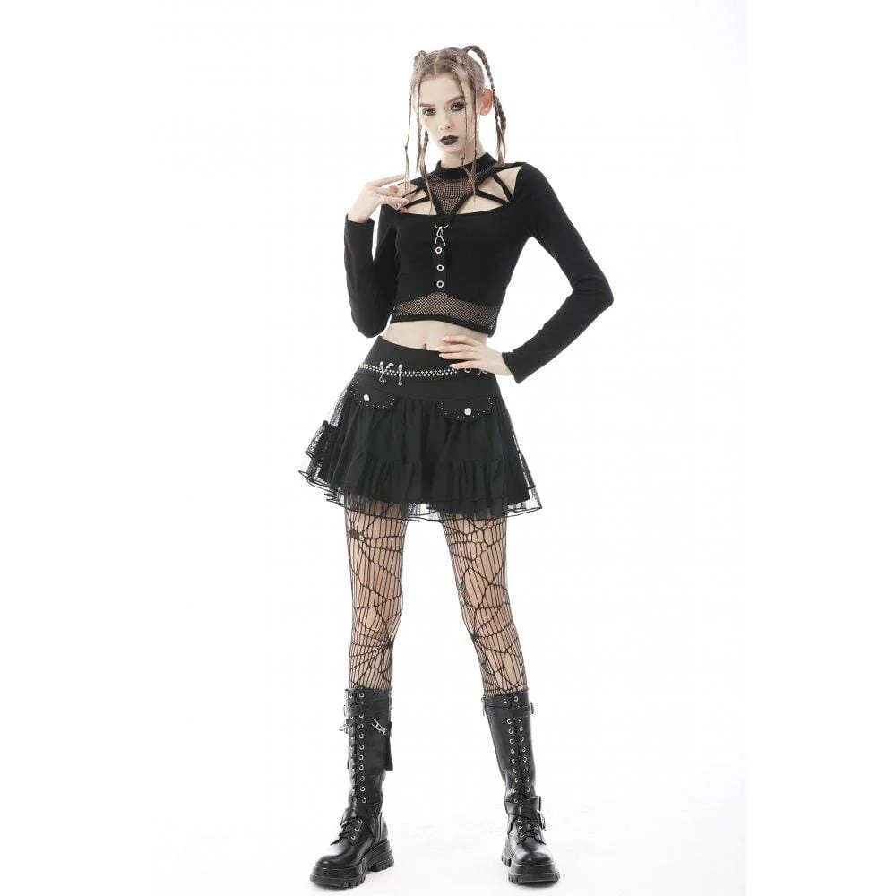 Women's Punk Cutout Mesh Splice Crop Top - Image 5