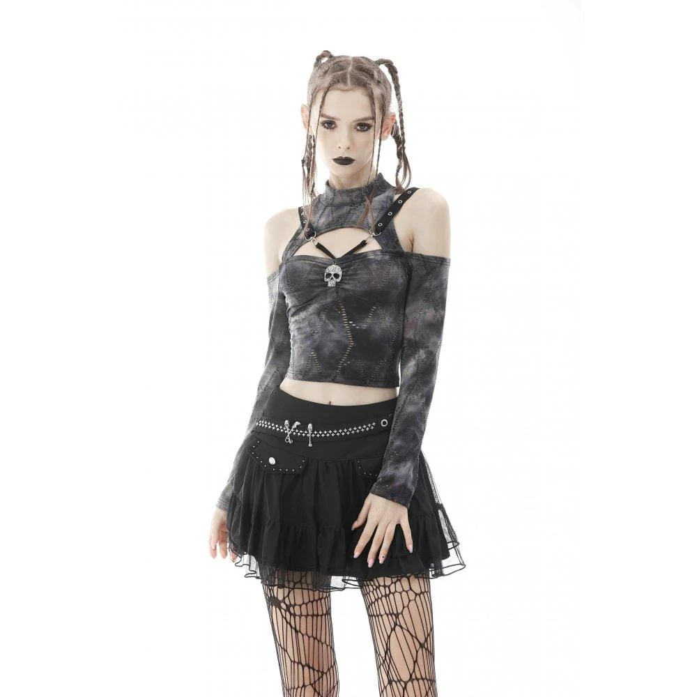 Women's Punk Cutout Off Shoulder Skull Crop Top - Image 2