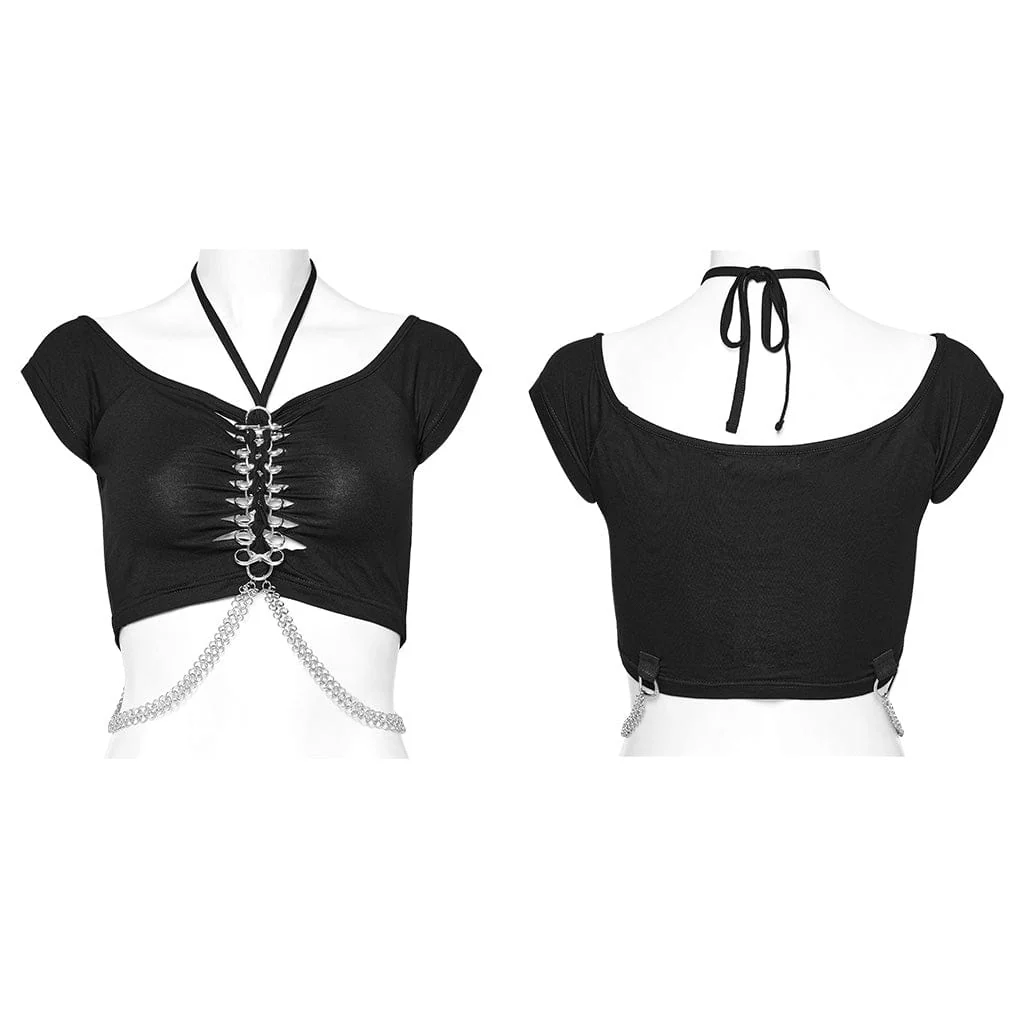 Women's Punk Cutout Ring Chain Short Sleeved Crop Top - Image 5