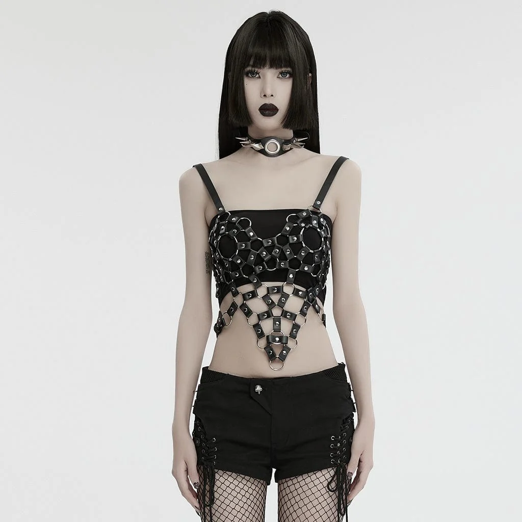 Women's Punk Cutout Ring Faux Leather Crop Top