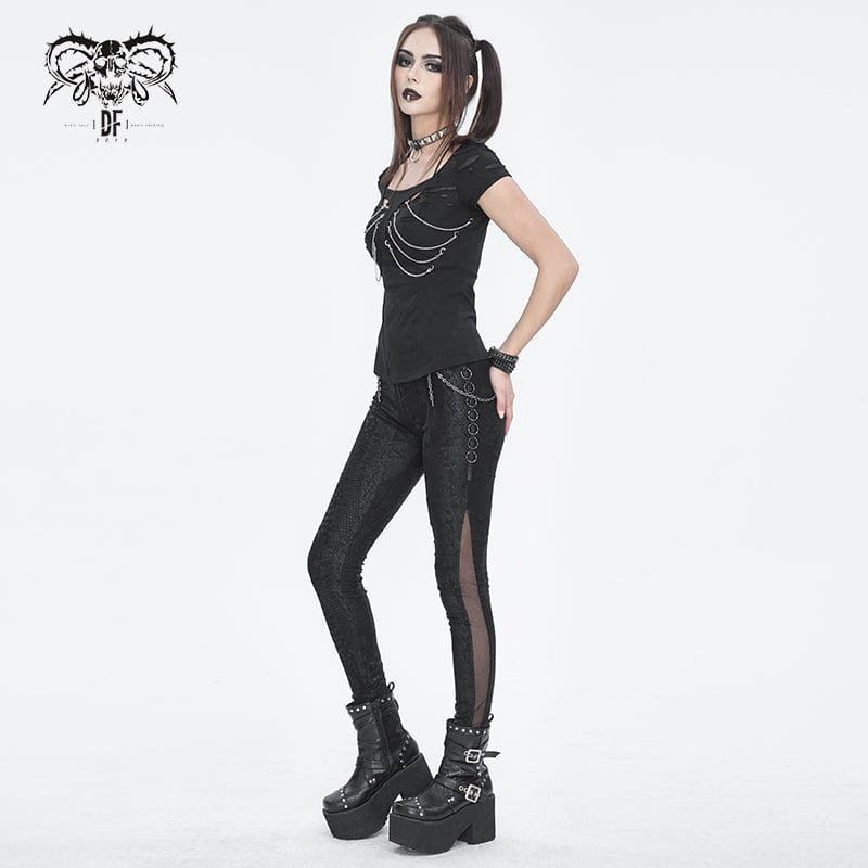 Women's Punk Cutout Ripped Chain Short Sleeved Tee - Image 6