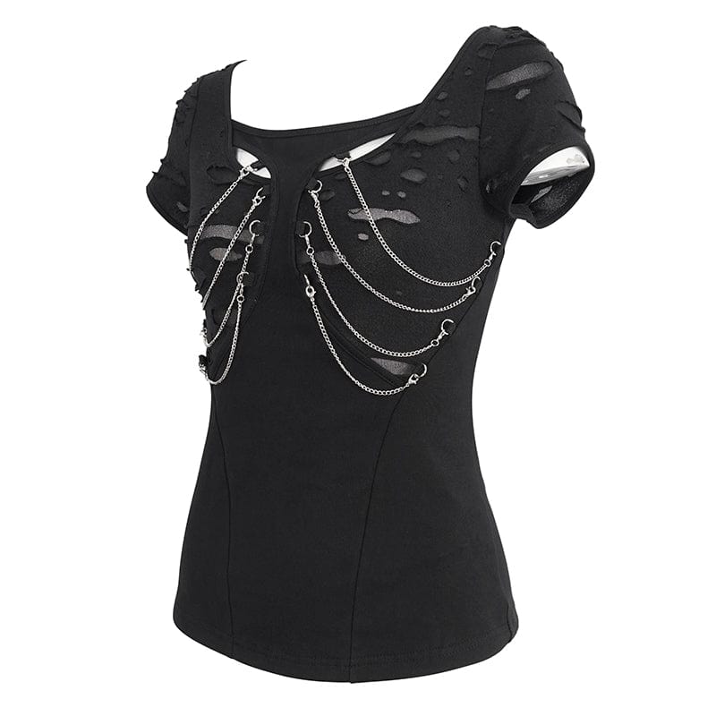 Women's Punk Cutout Ripped Chain Short Sleeved Tee - Image 8