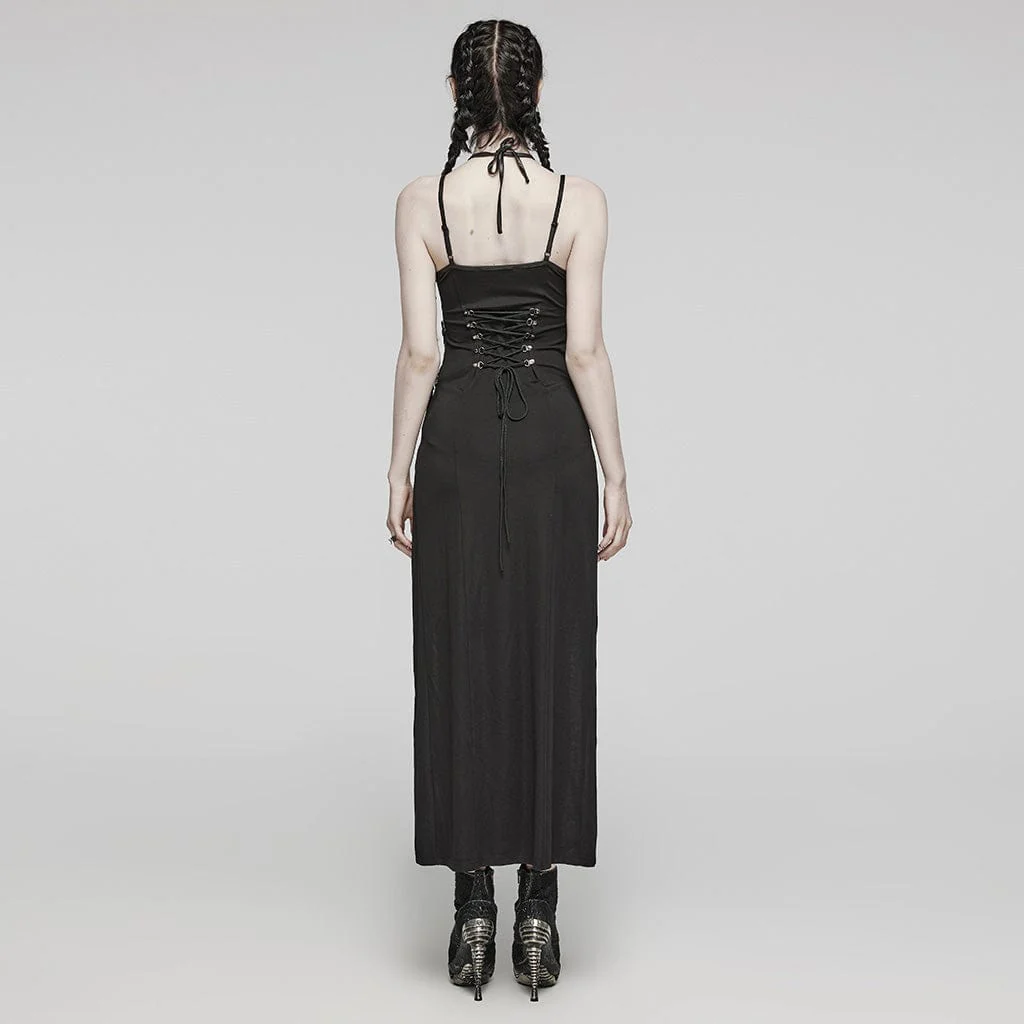Women's Punk Cutout Side Slit Lace-Up Halter Slip Dress - Image 4