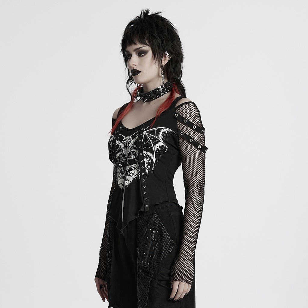 Women's Punk Cutout Skull Printed Mesh Splice Shirt - Image 2