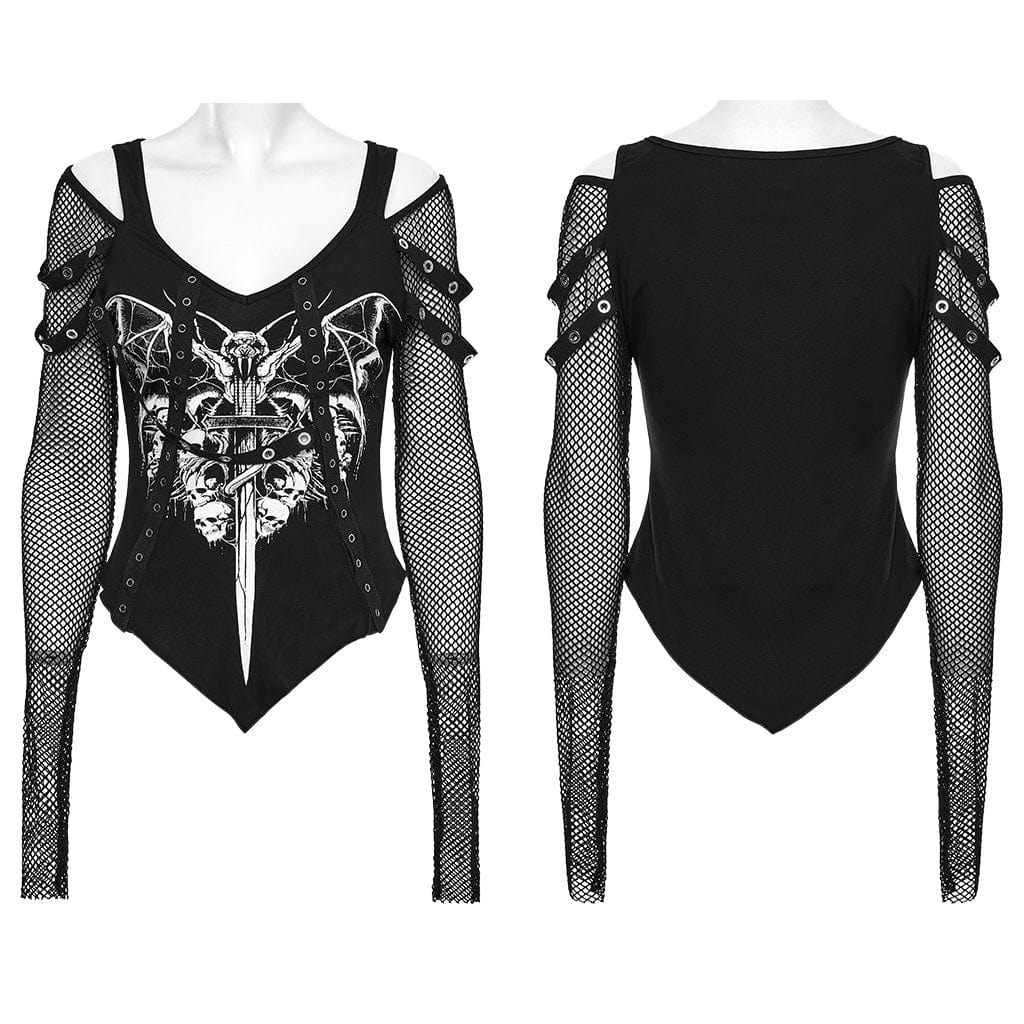 Women's Punk Cutout Skull Printed Mesh Splice Shirt - Image 5