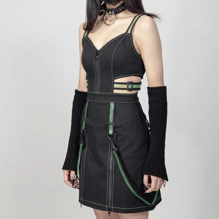Women's Punk Cutout Straps Zipper Slip Dress Green - Image 2