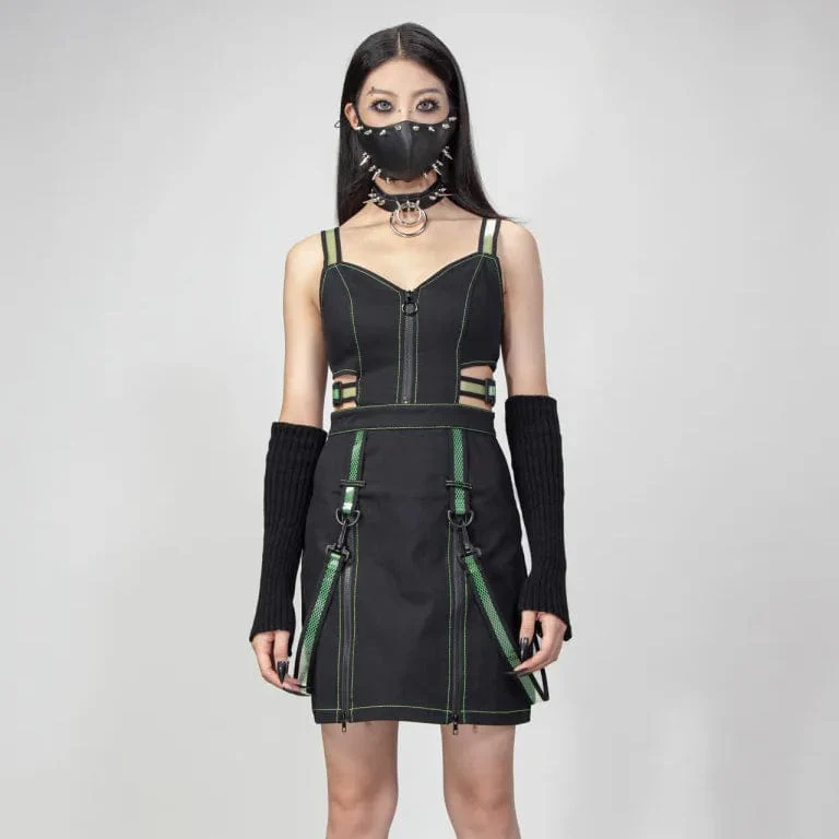 Women's Punk Cutout Straps Zipper Slip Dress Green - Image 4