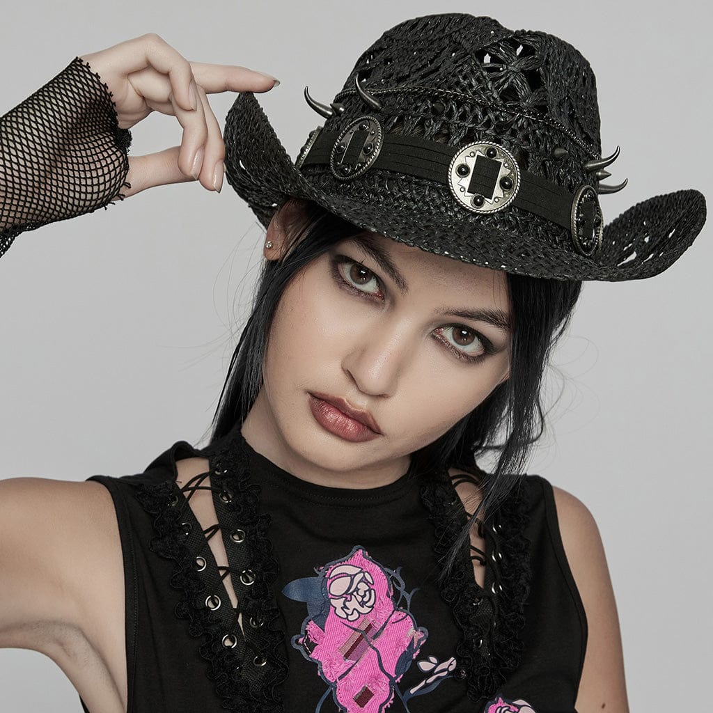 Women's Punk Cutout Studded Woven Hat Black - Image 2