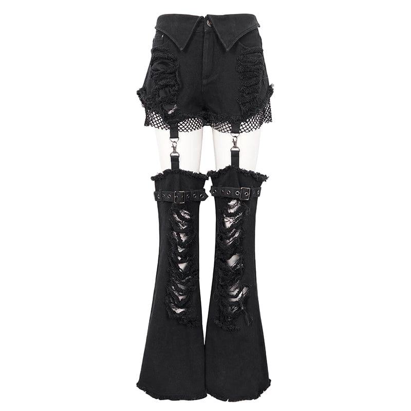 Women's Punk Detachable Mesh Splice Ripped Pants - Image 7