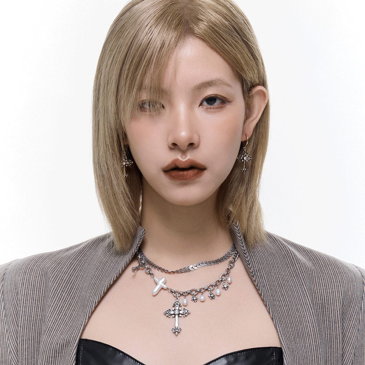 Women's Punk Diamante Floral Cross Earrings - Image 3