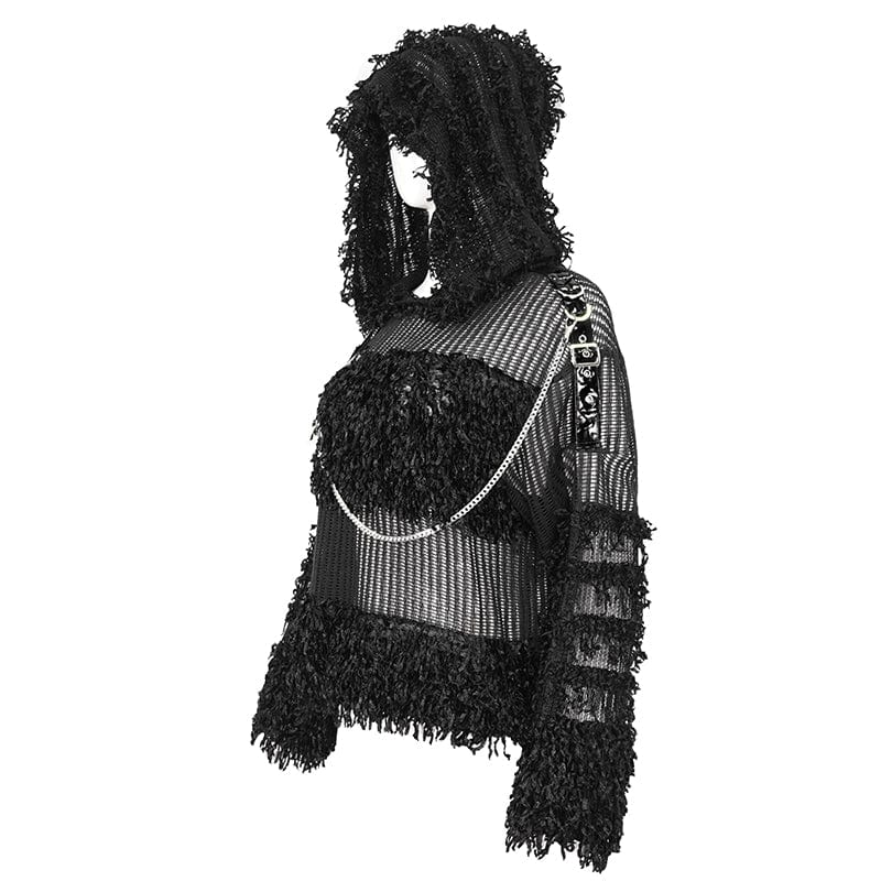 Women's Punk Distressed Sheer Sweater with Hood and Chain - Image 8