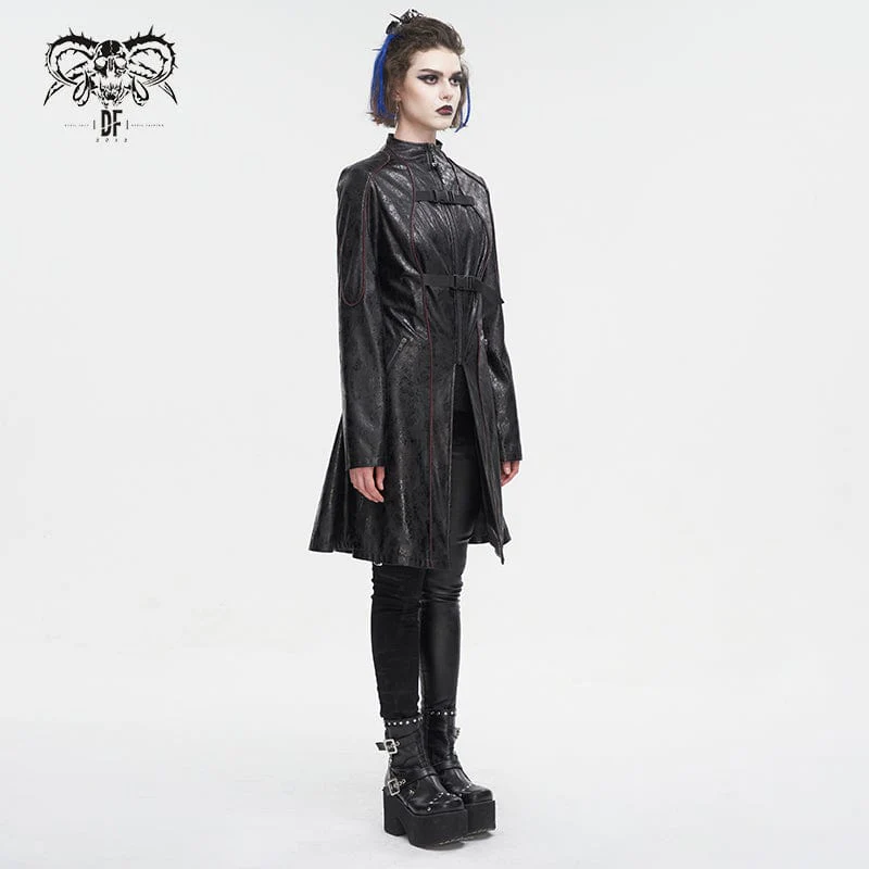 Women's Punk Double-buckle Faux Leather Coat Black - Image 4