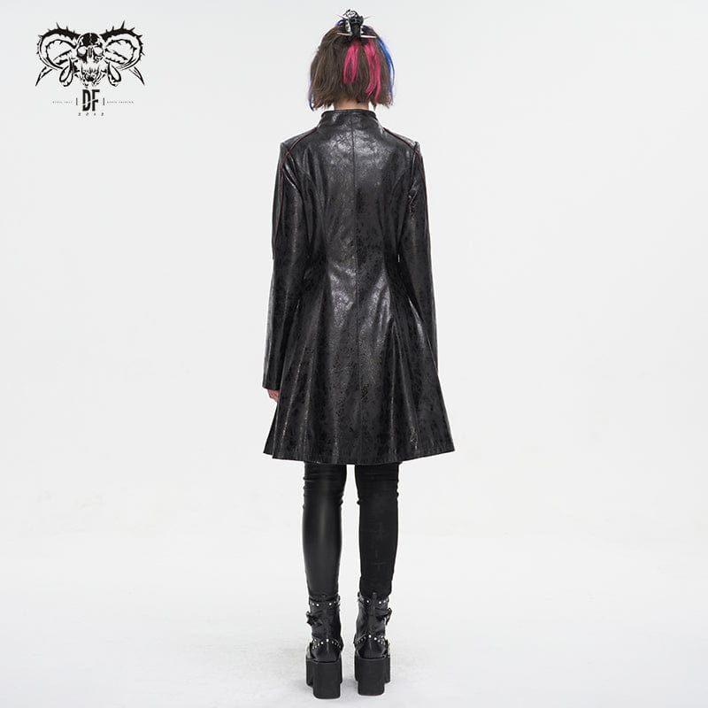 Women's Punk Double-buckle Faux Leather Coat Black - Image 6