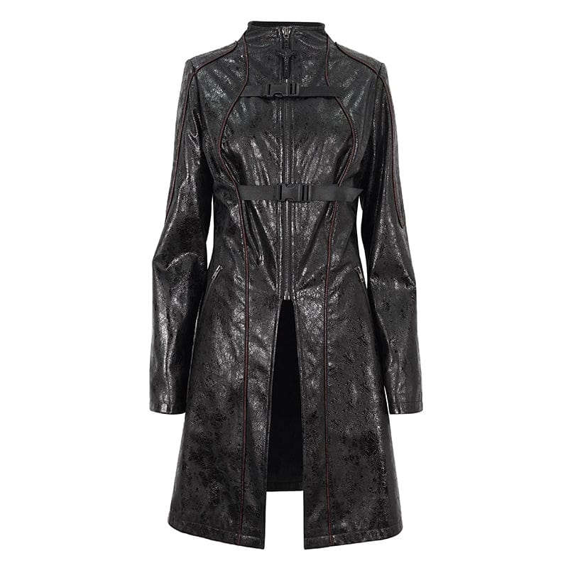 Women's Punk Double-buckle Faux Leather Coat Black - Image 8