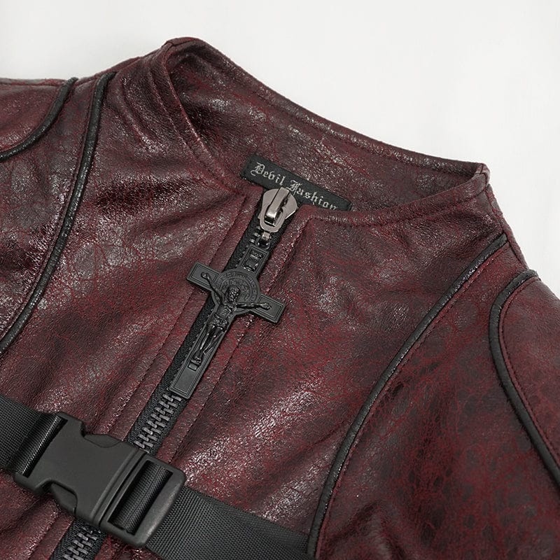 Women's Punk Double-buckle Faux Leather Coat Red - Image 10