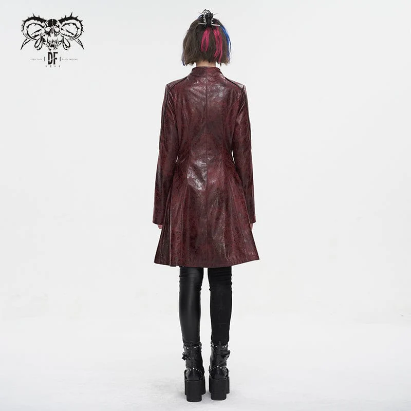 Women's Punk Double-buckle Faux Leather Coat Red - Image 6