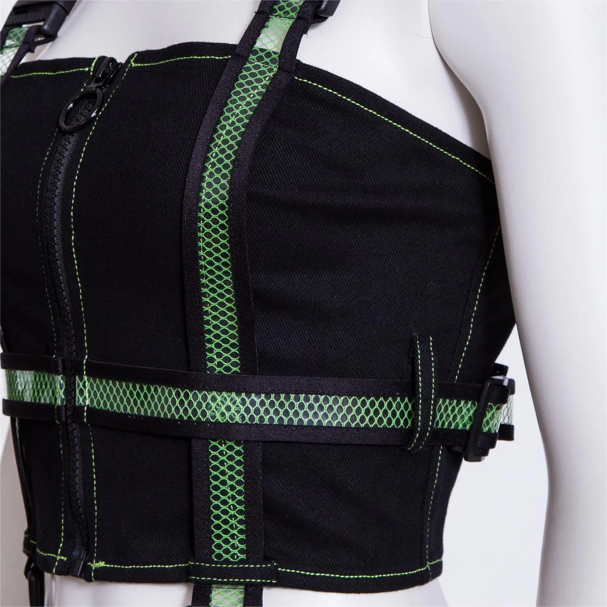 Women's Punk Double Color Mesh Splice Vest Green - Image 4