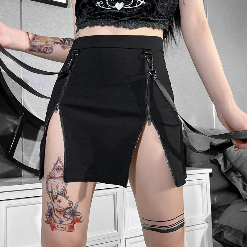 Women's Punk Double Zip Wrap Skirt with Straps - Image 2