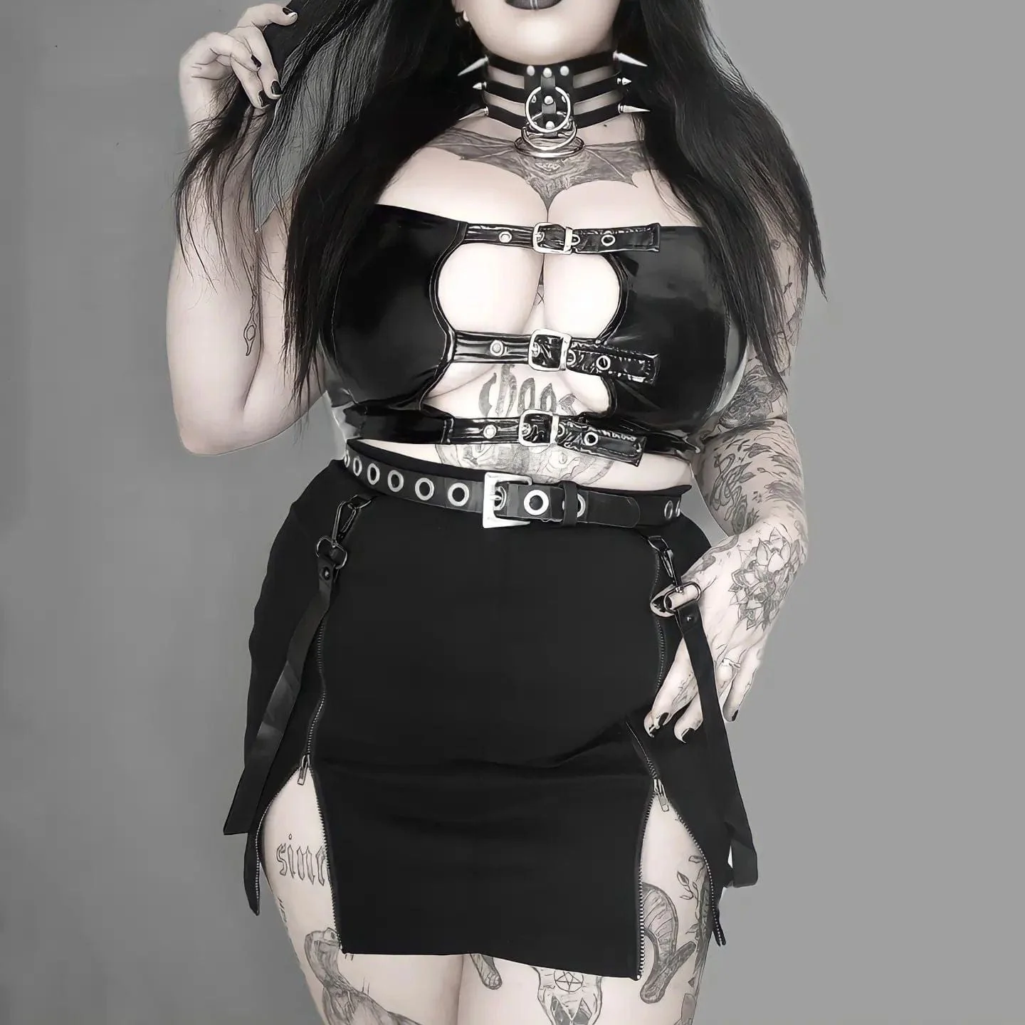 Women's Punk Double Zip Wrap Skirt with Straps - Image 7