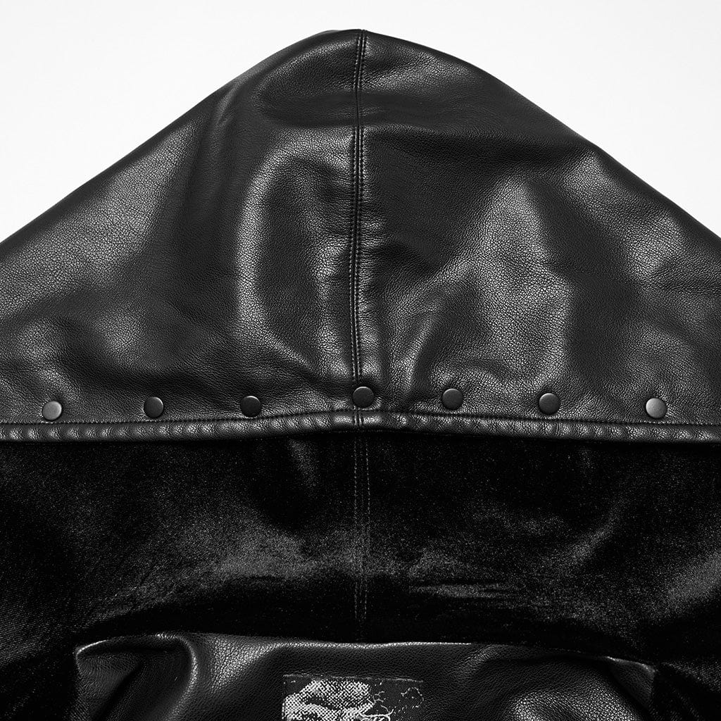 Women's Punk Elastic Waist Faux Leather Hooded Jacket Black - Image 6