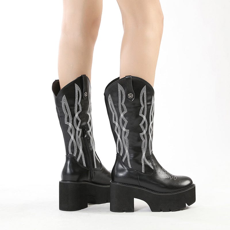 Women's Punk Embroidered Platform Buskin Boots - Image 3