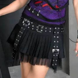 Women's Punk Eyelet Buckled Pleated Skirt - Image 4