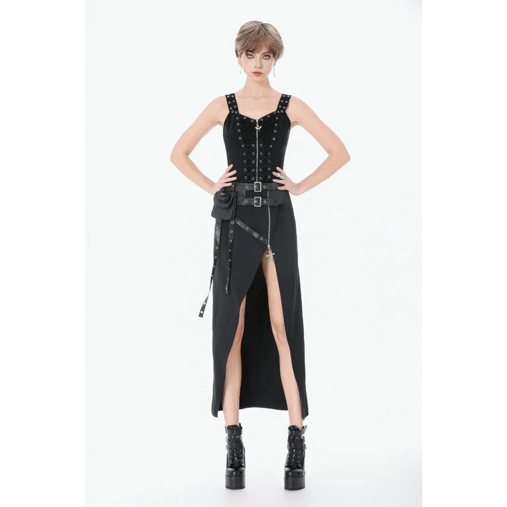 Women's Punk Eyelet Distressed Lace-up Zip Tank Top - Image 2