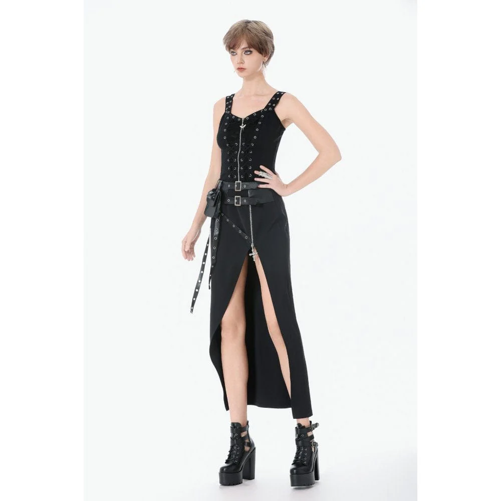Women's Punk Eyelet Distressed Lace-up Zip Tank Top - Image 5