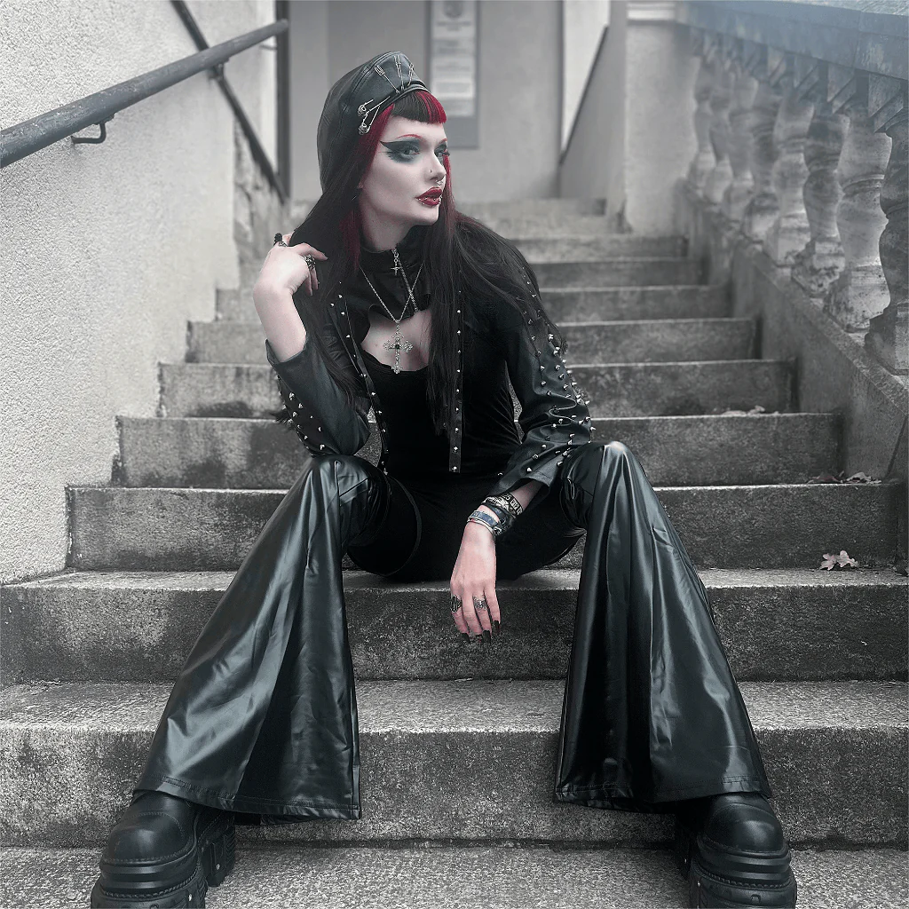 Women's Punk Eyelet Leggings with Faux Leather Leg Warmers - Image 3
