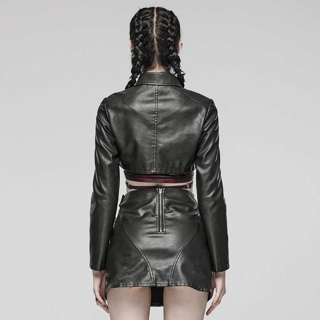 Women's Punk Eyelet Mesh Faux Leather Short Jacket - Image 3