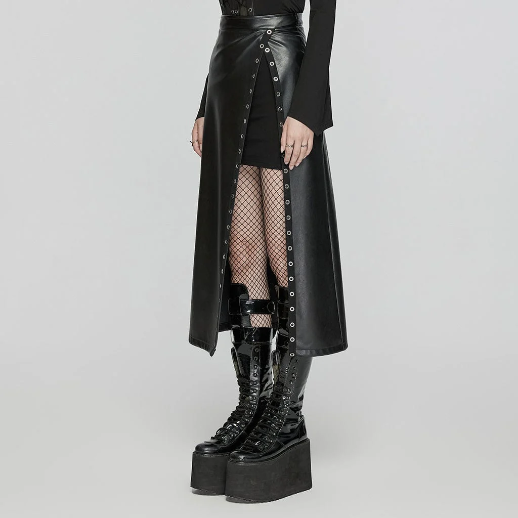 Women's Punk Eyelet Split Faux Leather Skirt - Image 2
