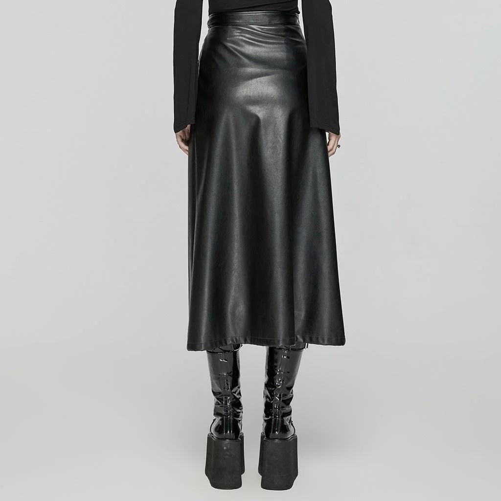 Women's Punk Eyelet Split Faux Leather Skirt - Image 3