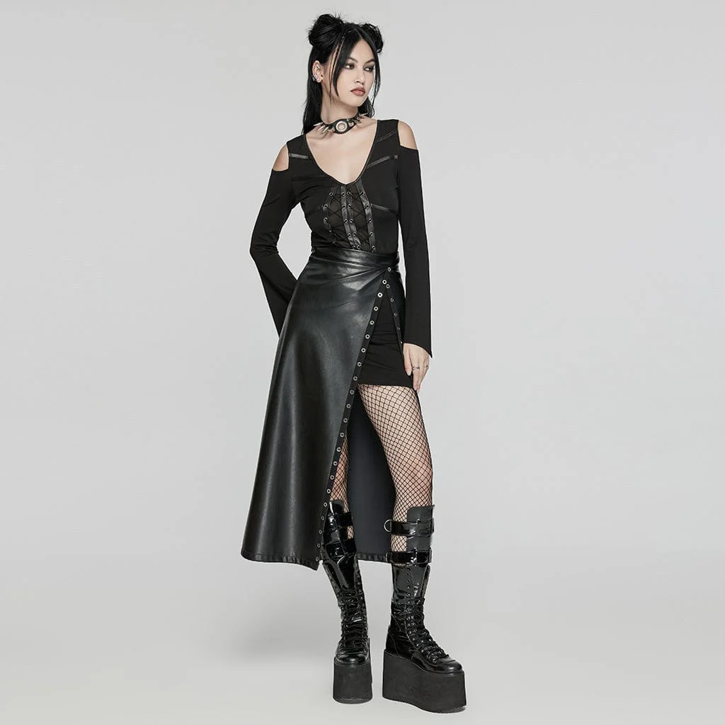 Women's Punk Eyelet Split Faux Leather Skirt - Image 4