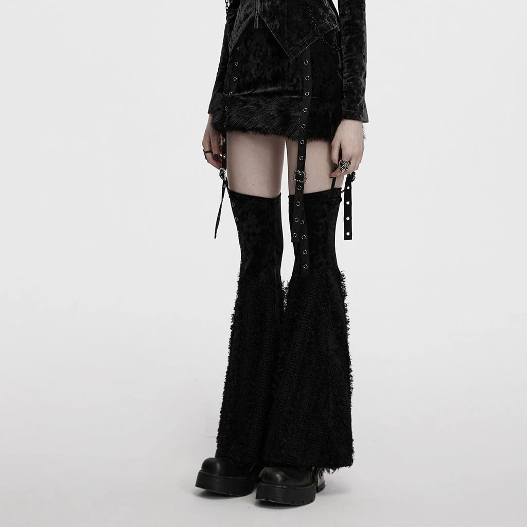 Women's Punk Eyelet Strap Faux Fur Splice Velvet Skirt with Leg Warmers - Image 2