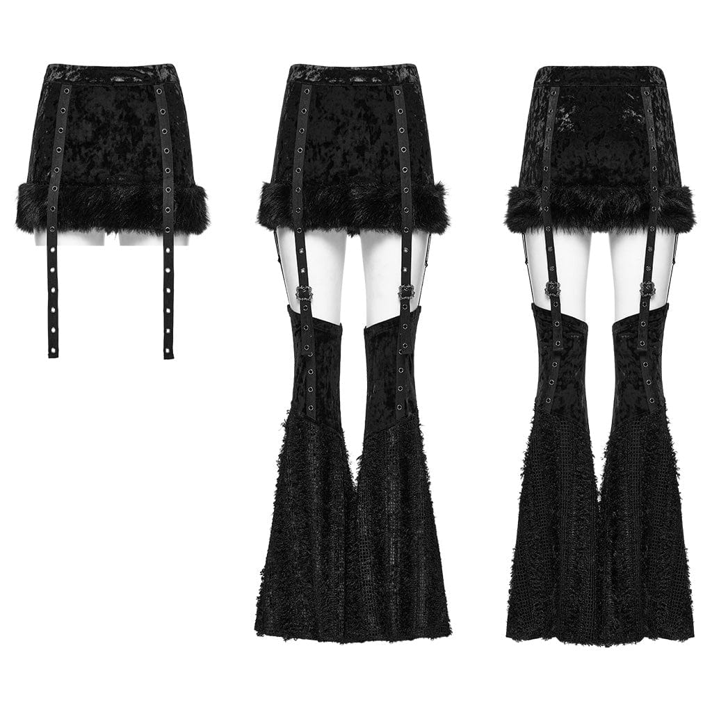 Women's Punk Eyelet Strap Faux Fur Splice Velvet Skirt with Leg Warmers - Image 5