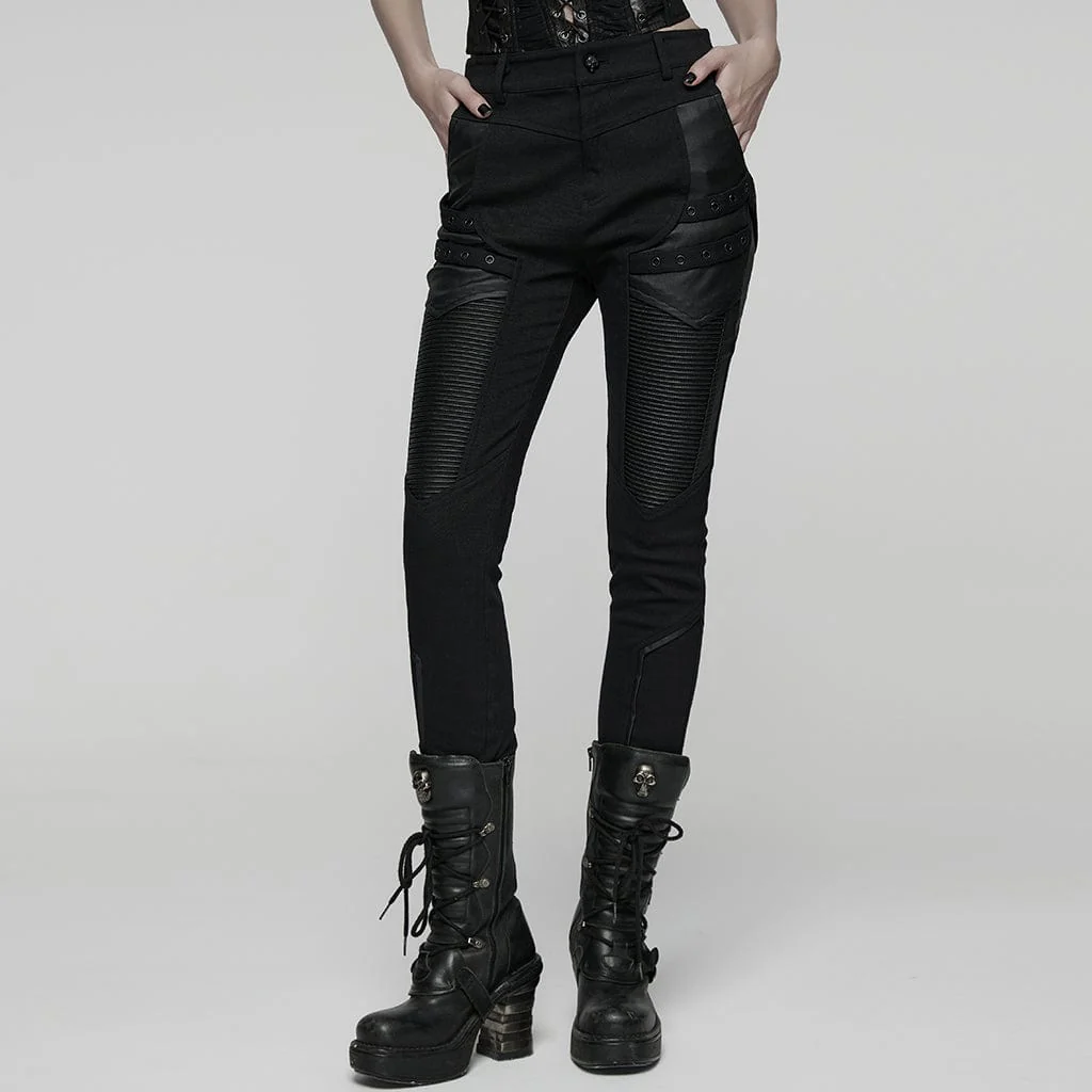 Women's Punk Eyelet Strap Faux Leather Splice Pants