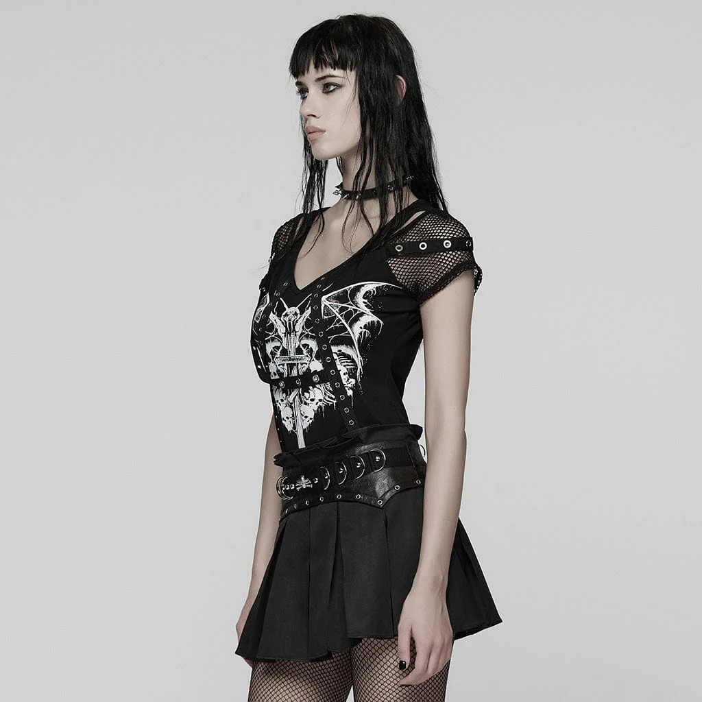 Women's Punk Eyelet Strap Mesh Splice Printed T-shirt - Image 2