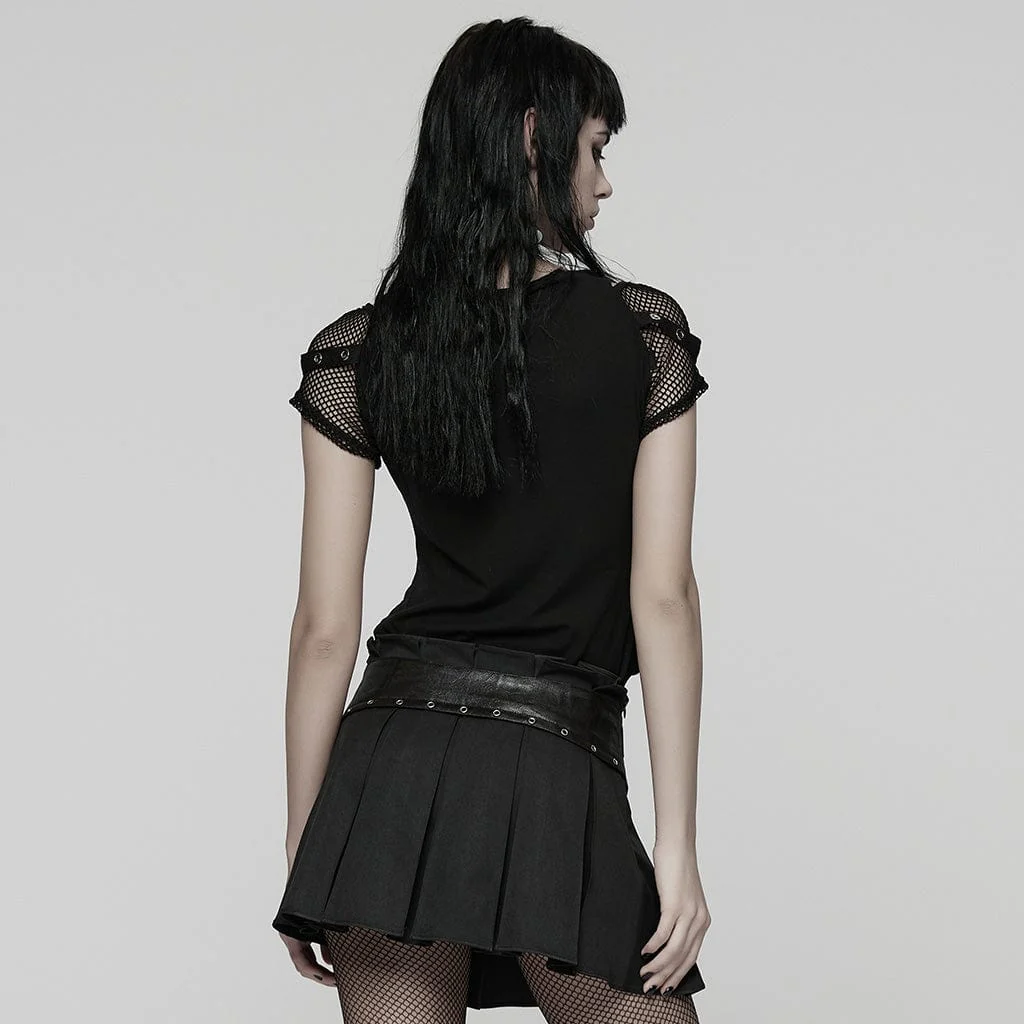 Women's Punk Eyelet Strap Mesh Splice Printed T-shirt - Image 3