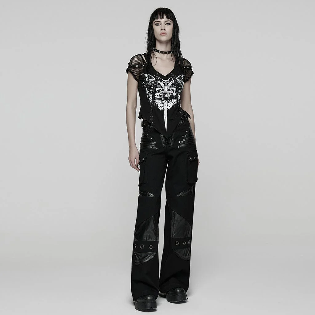 Women's Punk Eyelet Strap Mesh Splice Printed T-shirt - Image 4