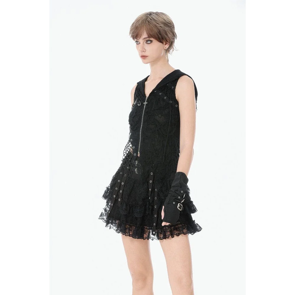 Women's Punk Eyelet Strap Multilayer Lace Mini Skirt - Image 4