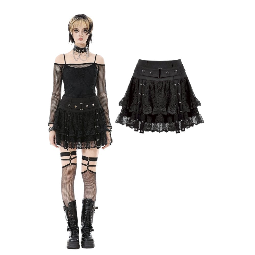 Women's Punk Eyelet Strap Wide-Waistband Skirt