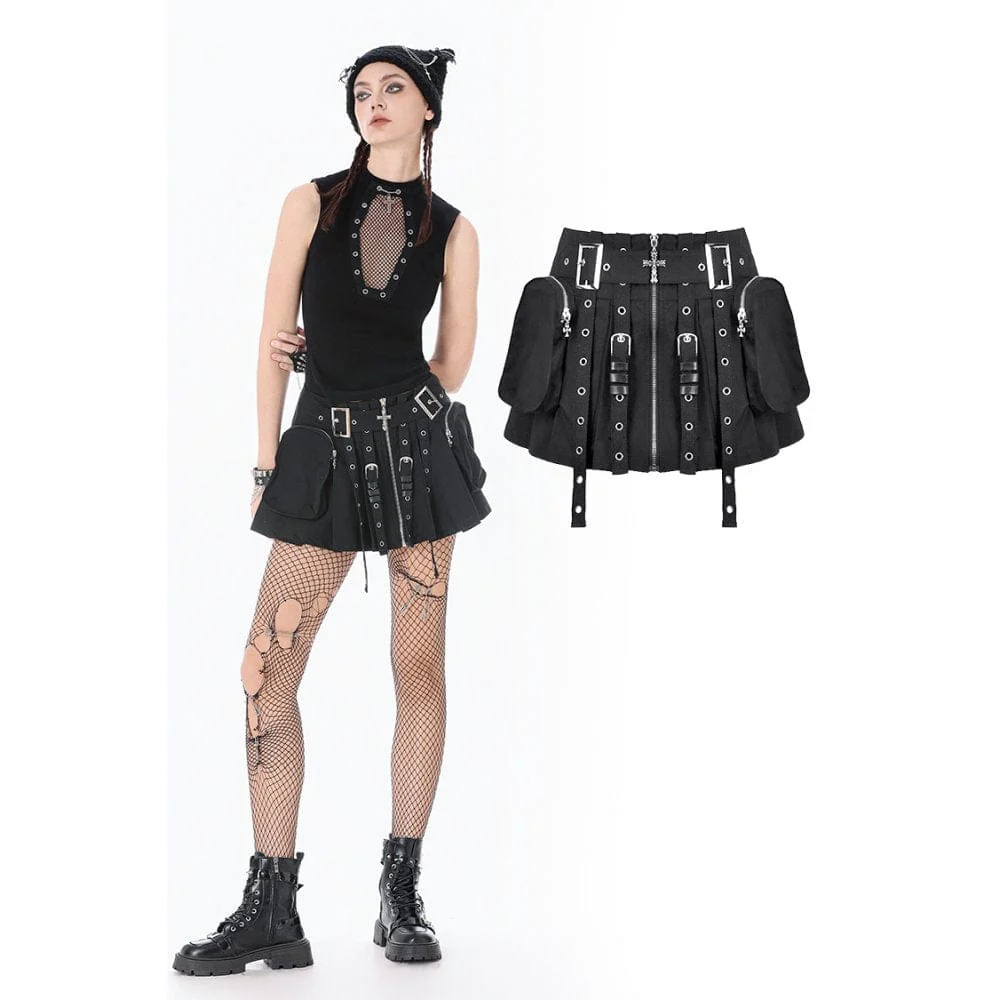 Women's Punk Eyelet Strappy Big Pocket Pleated Skirt