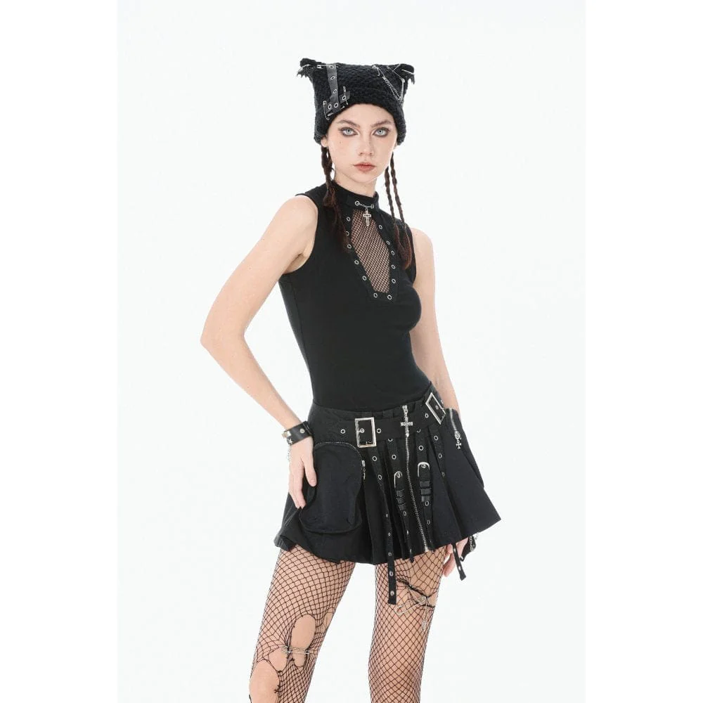 Women's Punk Eyelet Strappy Big Pocket Pleated Skirt - Image 4